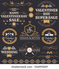 Set of love and romantic decorations isolated on black background. Collection of elegant elements for Valentine's Day and wedding design. Vector illustration.