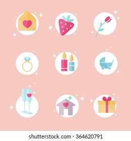 Set of love, romantic and family icons. Valentine's day objects. Vector flat illustration.