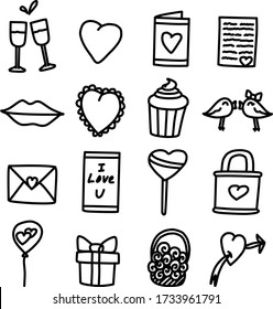 A Set of love & romantic icons template suitable for romantic banner and content with doodle cartoon style
