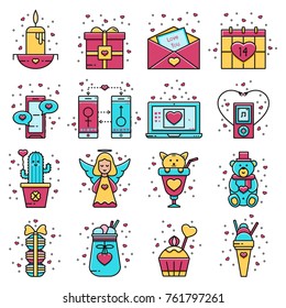 Set of love and romantic icons for Valentine's Day in flat color line design: gift box, letter, calendar, smartphone, laptop, music player, cactus, angel, cat, bear, macaron, cocktail, cupcake.