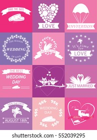 Set of love and romantic icons for wedding. Vector illustration.
