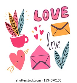 Set of love romantic stickers. Kids girl hand drawn illustrations.