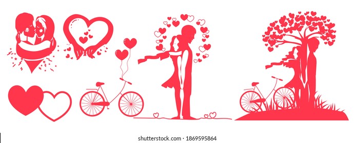 Set in love scene  red shadow shapes. Couple by the hearts tree. Girl and boy first kiss. Love, wedding, Valentines Day, family, friendship, teen feeling design. Flat style hand drawn vector 