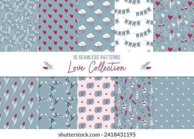 Conjunto de patrones de amor sin fisuras con corazones y elementos románticos. Día de San Valentín. Fondos retro para invitaciones de boda, tarjetas, envoltura de regalo. Ilustraciones vectoriales dibujadas a mano.