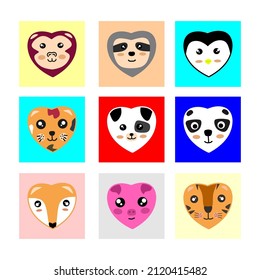 set of love shape animal head illustration monkey, panda, cat, lion, fox, pig, penguin