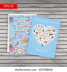 Set I love shopping.Pattern on shopping(under a mask)and clip-art themed design with different elements:sale,shoes,heart gift,price tag,label,lipstick,discount,interest in the shape of heart 