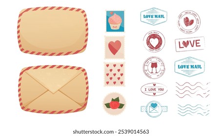 Defina Carimbo de amor, correio romântico, envelope postal. Valentim retrô, impressão grunge casamento. Decoração texturizada de cartão postal. Carimbo de coração.