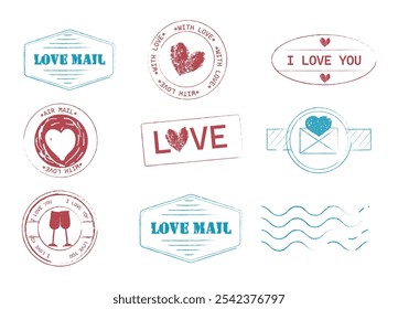 Set Love stamp, romantic mail, postage. Retro Valentine, wedding grunge print. Textured post card decoration. Heart stamp.