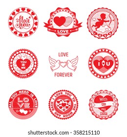 Set of love stamps. Perfect for Valentine's Day greetings, invitations to weddings and other romantic collages.Isolated elements on a white background.
