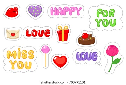 Set of love sticker. Flat and cartoon style. Vector illustration on white background.