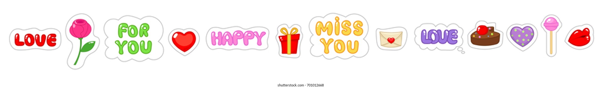 Set of love sticker. Flat and cartoon style. Vector illustration on white background.