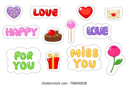 Set of love sticker. Flat and cartoon style. Vector illustration on white background