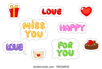 Set of love sticker. Flat and cartoon style. Vector illustration on white background