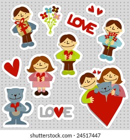 Set of love stickers with elements like a man, a woman, a cat, flowers, heart shapes, gift, and text love