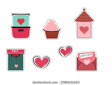 Set of love stickers. Elements for valentines day. Hearts, muffin, organizer, box, mailbox, mail