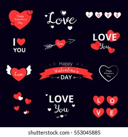Set of love stickers, emblems, hearts for Valentines day on dark background. Vector illustrations