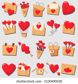 A set of love stickers. Envelopes, hearts. Cute and funny stickers for mobile messages, chats, social networks, networks, web design. Stickers for Valentine's day, wedding, love.