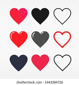 Set of Love symbol icon. Heart symbol in red and black colors. Vector illustrations. Isolated on transparent background. 