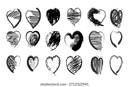 set símbolo de amor garabatos, Elementos de diseño románticos, dibujado a mano corazón de amor garabato marcador de tinta garabatos colección. Elementos románticos del día de San Valentín, escritura a mano Feliz día de San Valentín.eps