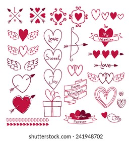 Set of love symbols in hand drawn style. Design elements - hearts, bow, arrow, ribbon and cupid wings. Valentine's day, wedding decoration. Good for invitation card. 