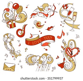 Set of love symbols isolated on white background. Gold and red. Cupid, balloons, music notes, clouds, sun, key and lock, chain, kiss,  letter, ribbon, ring, glass of wine, swirls.