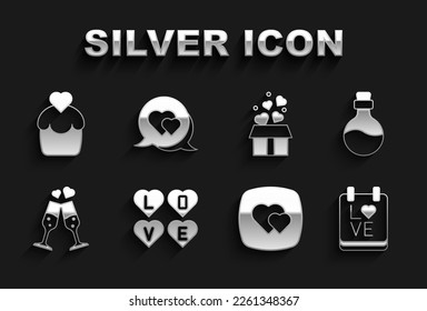 Set Love text, Bottle with love potion, Calendar February 14, Heart, Glass of champagne, Gift box hearts, Wedding cake and speech bubble icon. Vector