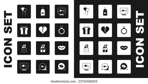 Set Love Text, gebrochenes Herz oder Scheidung, Geschenkbox, Ballons in Form von, Hochzeitsringe, Bitte nicht stören, Lächeln Lippen und Einkaufstaschen Symbol. Vektorgrafik