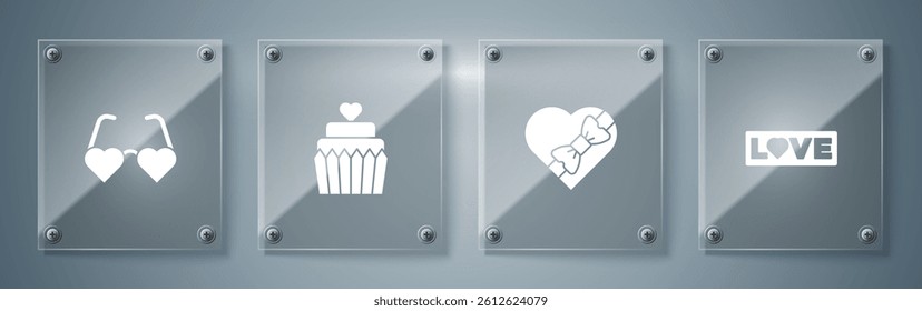 Set Love text, Candy in heart shaped box, Wedding cake with and Heart love glasses. Square glass panels. Vector