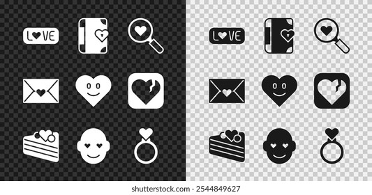 Set Love text, diary, Search heart and love, Wedding cake, Romantic man, rings, Envelope with Valentine and Heart icon. Vector