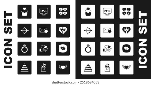 Set Love text, Envelope with Valentine heart, Bow and arrow, Wedding cake, Candy shaped box, Heart and rings icon. Vector