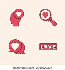 Set Love text, Head with heart, Search and love and Heart in speech bubble icon. Vector