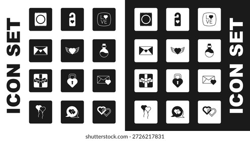 Texto de amor, corazón con alas, sobre de corazón de San Valentín, paquete de condón, botella de poción de amor, por favor no molestar, e icono de caja de regalo. Vector