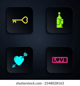 Set Love text, Key in heart shape, Amour with and arrow and Champagne bottle. Black square button. Vector