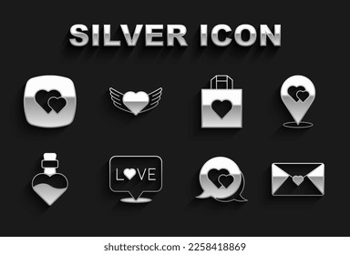 Set Love text, Location with heart, Envelope Valentine, Heart speech bubble, Bottle love potion, Shopping bag,  and wings icon. Vector