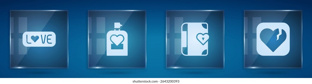 Set Love text, Perfume, diary and Broken heart or divorce. Square glass panels. Vector