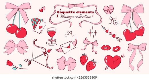 Set of love themed coquette elements. Vintage hand drawn icons of ribbon bows, hearts, cherries, roses, cards, strawberries, cupid arrows. Decoration for Valentine's Day, wedding, romantic designs.