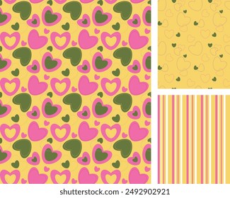 Set of love themed wallpaper seamless patterns. Set of striped seamless patterns with heart silhouette shape and dot hearts. Vector illustration