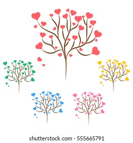 Set of love trees with red, green, blue, pink and yellow hearts leaves different sizes on white background. Vector