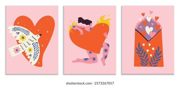 Set of love Valentines cards with woman, heart, pigeon and envelope. Vector design concept for print, postcard, poster. 