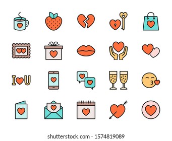 Set of Love and Valentines Day Flat Color Icons. Hearts, Gift, Message, Kiss and more.