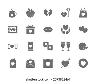 Set of Love and Valentines Day Grey Icons. Hearts, Gift, Message, Kiss and more.