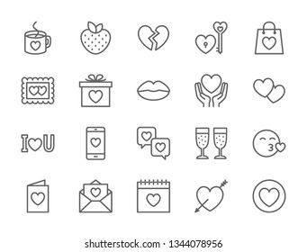 Set of Love and Valentines Day Line Icons. Strawberry, Hearts, Photo Frame, Gift, Messages, Kiss and more. Pack of 48x48 Pixel Icons