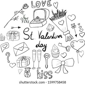 Set of love vector doodle illustration. Black and white hand draw sketch of symbol love relationship in circle. Romantic card for St. Valentine's Day and wedding. 