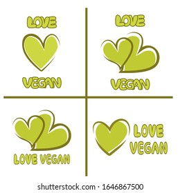Set of love vegan icons. 100% Vegan. Love Vegan hearts. Veganism logo or symbol. Fresh organic vegetarian food logo labels. Vegetarian eco green concept. Vegan labels set.  Healthy food icons. 
