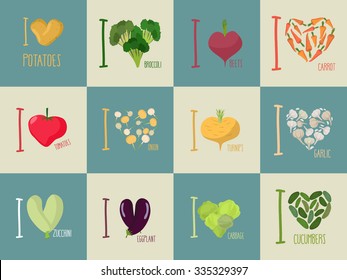 Set of I love vegetables: Eggplant and cucumber. Symbol of heart of  carrots and potatoes. I love tomato and garlic. Sign for vegetarians.