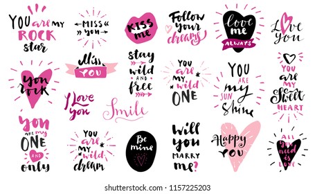 Set of Love vintage hand drawn quotes in black and pink colors on white background. For postcards, photo overlays, greeting cards, T-shirts, bags in retro style. Vector calligraphic artwork