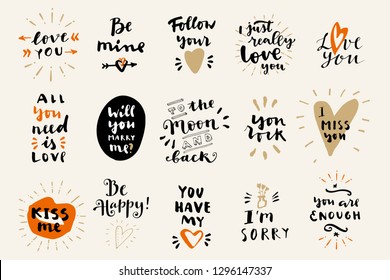 Set of Love vintage hand drawn quotes. For postcards, photo overlays, greeting cards, T-shirts, bags in retro style. Calligraphic artwork in vector