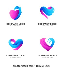 Set Love Wave Logo, Love And Wave, Combination Logo With 3d Pink And Blue Color Style