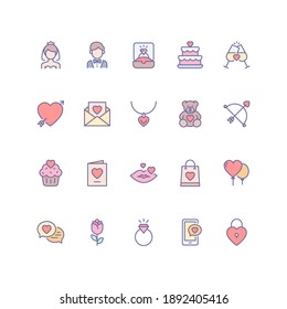 Set of love and wedding icons in filled outline style. For your design, logo. Vector illustration.