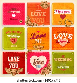 Set of Love and weeding label cards with flowers and hearts for retro invitations design. Old paper textures for vintage design. Vector illustration.